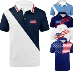 Men's American Flag Veterans Polo Shirts Golf Shirt Short Sleeve Polo Shirts Collared Shirts Casual Streetwear Vacation Wear Party Outfits Buttons 3D Print White Navy Blue Blue