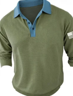 Men's American Flag Veterans Golf Shirt Long Sleeve Polo Shirts Collared Shirts Casual Vacation Wear Party Outfits Buttons 3D Print Spring & Summer Blue Green Khaki