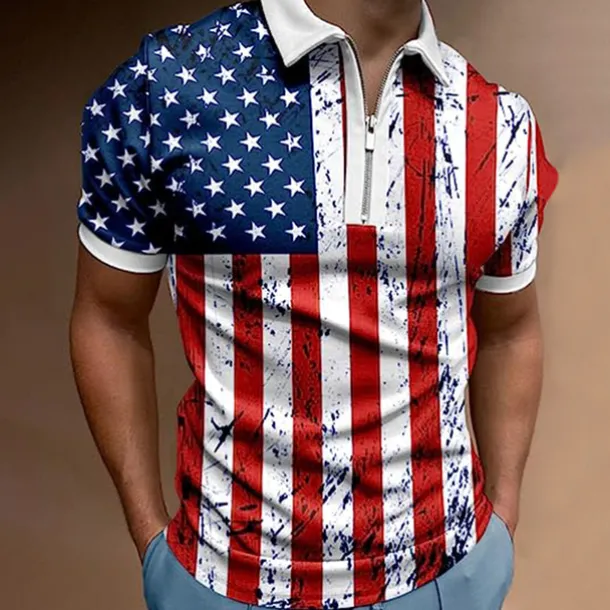 Men's American Flag Veterans Zip Polo Shirts Golf Shirt Short Sleeve Polo Shirts Collared Shirts Casual Streetwear Vacation Wear Party Outfits 3D Print Quarter Zip Polo Black White Black / Purple