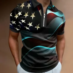 Men's American Flag Veterans Zip Polo Shirts Golf Shirt Short Sleeve Polo Shirts Collared Shirts Casual Streetwear Vacation Wear Party Outfits 3D Print Quarter Zip Polo Black White Black / Purple