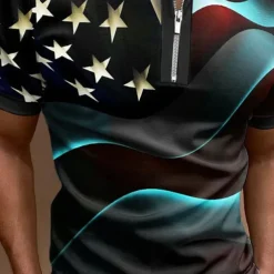 Men's American Flag Veterans Zip Polo Shirts Golf Shirt Short Sleeve Polo Shirts Collared Shirts Casual Streetwear Vacation Wear Party Outfits 3D Print Quarter Zip Polo Black White Black / Purple