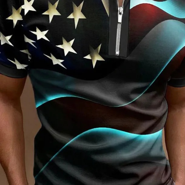 Men's American Flag Veterans Zip Polo Shirts Golf Shirt Short Sleeve Polo Shirts Collared Shirts Casual Streetwear Vacation Wear Party Outfits 3D Print Quarter Zip Polo Black White Black / Purple