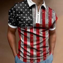 Men's American Flag Veterans Zip Polo Shirts Golf Shirt Short Sleeve Polo Shirts Collared Shirts Casual Streetwear Vacation Wear Party Outfits 3D Print Quarter Zip Polo Black White Black / Purple