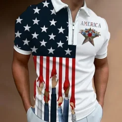 Men's American Flag Veterans Zip Polo Shirts Golf Shirt Short Sleeve Polo Shirts Collared Shirts Casual Streetwear Vacation Wear Party Outfits 3D Print Quarter Zip Polo Black White Black / Purple