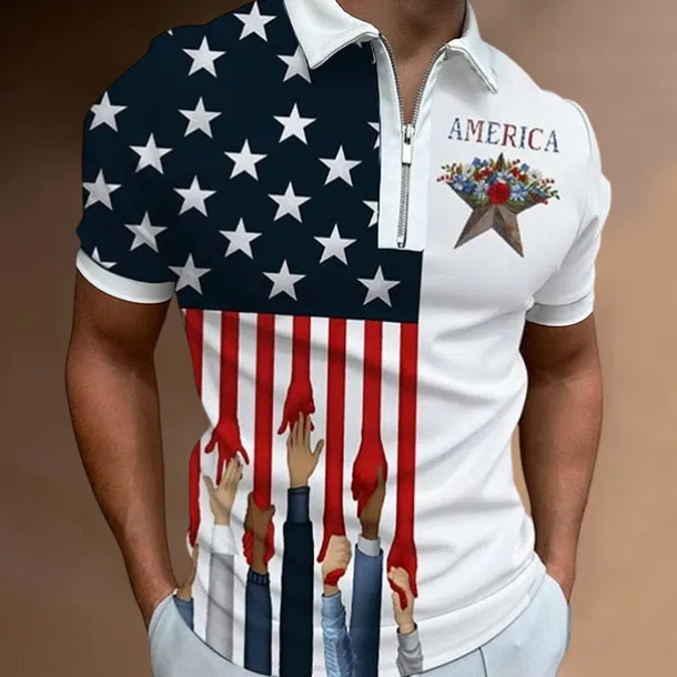 Men's American Flag Veterans Zip Polo Shirts Golf Shirt Short Sleeve Polo Shirts Collared Shirts Casual Streetwear Vacation Wear Party Outfits 3D Print Quarter Zip Polo Black White Black / Purple