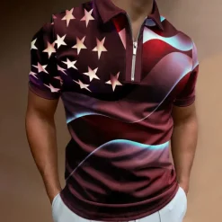 Men's American Flag Veterans Zip Polo Shirts Golf Shirt Short Sleeve Polo Shirts Collared Shirts Casual Streetwear Vacation Wear Party Outfits 3D Print Quarter Zip Polo Black White Black / Purple