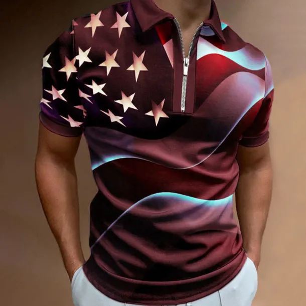 Men's American Flag Veterans Zip Polo Shirts Golf Shirt Short Sleeve Polo Shirts Collared Shirts Casual Streetwear Vacation Wear Party Outfits 3D Print Quarter Zip Polo Black White Black / Purple