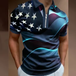 Men's American Flag Veterans Zip Polo Shirts Golf Shirt Short Sleeve Polo Shirts Collared Shirts Casual Streetwear Vacation Wear Party Outfits 3D Print Quarter Zip Polo Black White Black / Purple