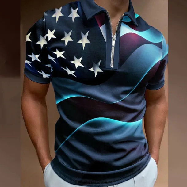 Men's American Flag Veterans Zip Polo Shirts Golf Shirt Short Sleeve Polo Shirts Collared Shirts Casual Streetwear Vacation Wear Party Outfits 3D Print Quarter Zip Polo Black White Black / Purple