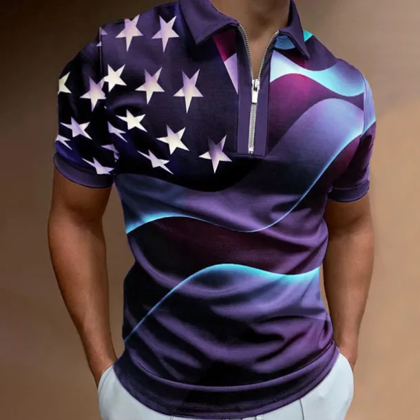 Men's American Flag Veterans Zip Polo Shirts Golf Shirt Short Sleeve Polo Shirts Collared Shirts Casual Streetwear Vacation Wear Party Outfits 3D Print Quarter Zip Polo Black White Black / Purple