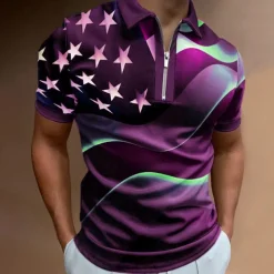 Men's American Flag Veterans Zip Polo Shirts Golf Shirt Short Sleeve Polo Shirts Collared Shirts Casual Streetwear Vacation Wear Party Outfits 3D Print Quarter Zip Polo Black White Black / Purple
