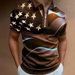 Men's American Flag Veterans Zip Polo Shirts Golf Shirt Short Sleeve Polo Shirts Collared Shirts Casual Streetwear Vacation Wear Party Outfits 3D Print Quarter Zip Polo Black White Black / Purple