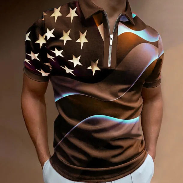 Men's American Flag Veterans Zip Polo Shirts Golf Shirt Short Sleeve Polo Shirts Collared Shirts Casual Streetwear Vacation Wear Party Outfits 3D Print Quarter Zip Polo Black White Black / Purple