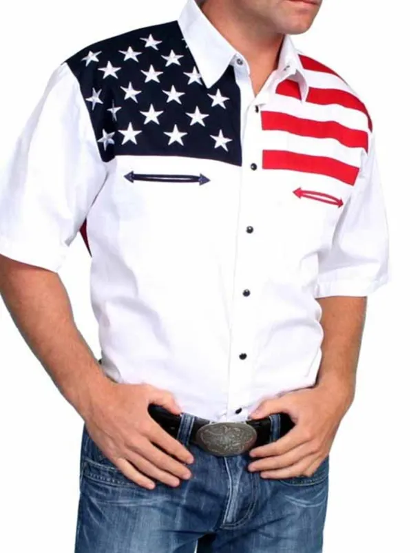 Men's American Flag Western Shirt Button Up Shirt Cowboy Shirt Short Sleeve Fashion Designer Western Daily Summer Spring Turndown Collared Shirts 3D Print Front Pocket White Yellow Gray