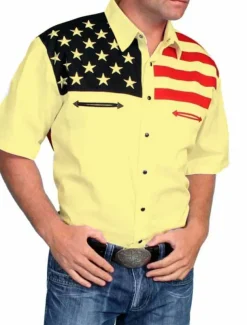 Men's American Flag Western Shirt Button Up Shirt Cowboy Shirt Short Sleeve Fashion Designer Western Daily Summer Spring Turndown Collared Shirts 3D Print Front Pocket White Yellow Gray