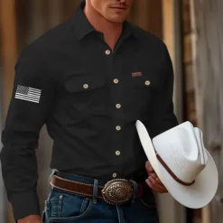 Men's American US Flag Patriotic Work Shirt Western Shirt Cargo Shirt Long Sleeve Casual Tactical Sports & Outdoor Going out Winter Spring & Fall Turndown Print Black Army Green Blue