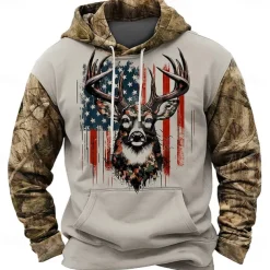 Men's American US Flag Patriotic Deer Hoodies Daily Casual Long Sleeve Hooded Vacation Sports Outdoor Streetwear Brown Light Grey Print Front Pocket Spring & Fall Designer