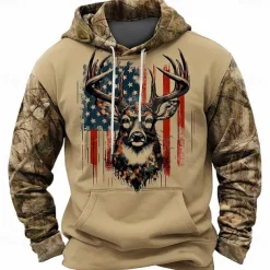 Men's American US Flag Patriotic Deer Hoodies Daily Casual Long Sleeve Hooded Vacation Sports Outdoor Streetwear Brown Light Grey Print Front Pocket Spring & Fall Designer