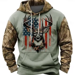 Men's American US Flag Patriotic Deer Hoodies Daily Casual Long Sleeve Hooded Vacation Sports Outdoor Streetwear Brown Light Grey Print Front Pocket Spring & Fall Designer