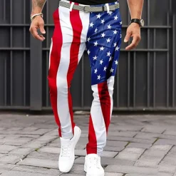 Men's American US Flag Patriotic Dress Pants Trousers Casual Pants Mid Waist Classic Casual Holiday Slim Fit Pants with Pockets Spring Fall 3D Print White Blue