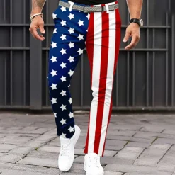 Men's American US Flag Patriotic Dress Pants Trousers Casual Pants Mid Waist Classic Casual Holiday Slim Fit Pants with Pockets Spring Fall 3D Print White Blue