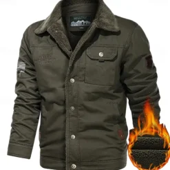 Men's American US Flag Print Embroidered Fleece Jacket Sherpa Trucker Jacket Work Cargo Jacket Turn-Down Collar Warm Winter Cotton Jacket Vintage Casual Going Out Coat Multi-Pockets