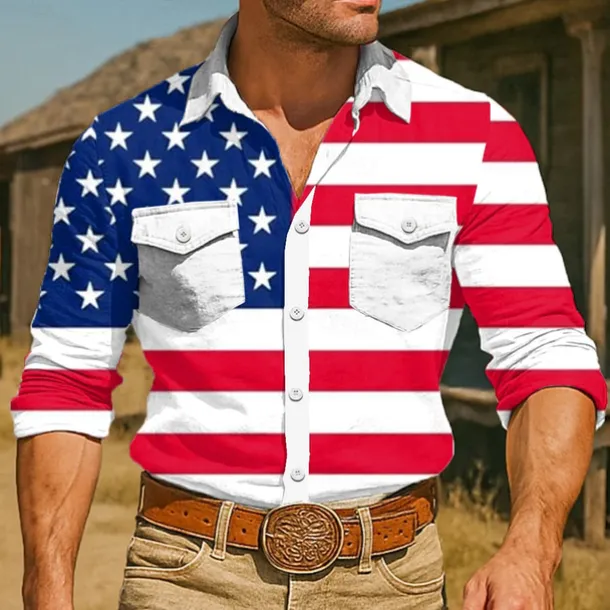 Men's American US Flag Shirt Western Shirt Cowboy Shirt Long Sleeve Vintage Retro Outdoor Casual WorkWear Summer Spring Fall Turndown Front Two Pockets Button Up Shirts White Dark Blue