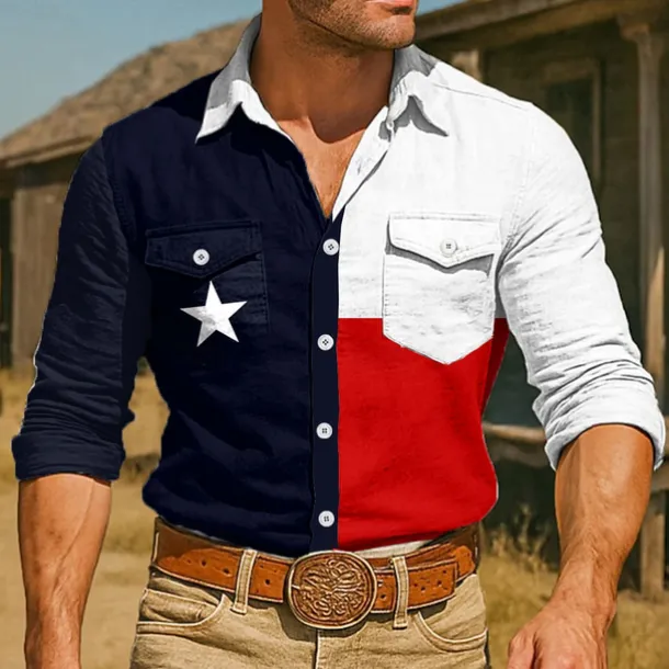 Men's American US Flag Shirt Western Shirt Cowboy Shirt Long Sleeve Vintage Retro Outdoor Casual WorkWear Summer Spring Fall Turndown Front Two Pockets Button Up Shirts White Dark Blue