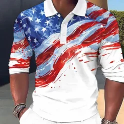 Men's American US Flag Veterans Waffle Polo Shirts Golf Polos Shirts Long Sleeve Polo Shirts Collar Funny Vacation Party Evening Wear Dailywear Buttons 3D Print Spring Fall Winter White