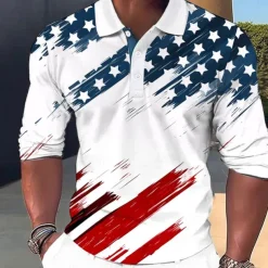 Men's American US Flag Veterans Waffle Polo Shirts Golf Polos Shirts Long Sleeve Polo Shirts Collar Casual Vacation Party Evening Wear Dailywear Buttons 3D Print Spring Fall Winter White