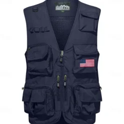 Men's American US Flag Waistcoat Gilet Fishing Vest Tactical Practical Removable Casual Sports Outdoor Fishing Photography Mesh Side Pockets Quick Dry Collarless Sleeveless Army Green Dark Blue