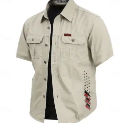 Men's American US Flag Work Shirt Western Shirt Cargo Shirt Short Sleeve Casual Tactical Sports Outdoor WorkWear Summer Spring Turndown Front Two Pockets Cotton Button Up Shirts Army Green Khaki Dark