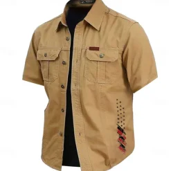 Men's American US Flag Work Shirt Western Shirt Cargo Shirt Short Sleeve Casual Tactical Sports Outdoor WorkWear Summer Spring Turndown Front Two Pockets Cotton Button Up Shirts Army Green Khaki Dark