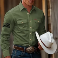 Men's American US Flag Work Shirt Western Shirt Cargo Shirt Long Sleeve Tactical Vintage Retro Sports Outdoor WorkWear Spring Fall Turndown Front Two Pockets Button Up Shirts Black White Army Green