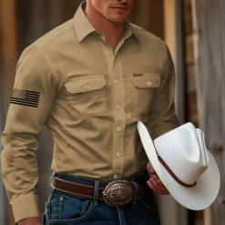 Men's American US Flag Work Shirt Western Shirt Cargo Shirt Long Sleeve Tactical Vintage Retro Sports Outdoor WorkWear Spring Fall Turndown Front Two Pockets Button Up Shirts Black White Army Green