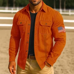 Men's American US Flag Work Shirt Western Shirt Cargo Shirt Long Sleeve Casual Tactical Sports Outdoor WorkWear Spring Fall Turndown Front Two Pockets Button Up Shirts Black Army Green Red Blue Orange