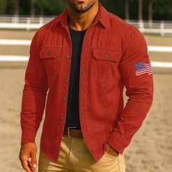 Men's American US Flag Work Shirt Western Shirt Cargo Shirt Long Sleeve Casual Tactical Sports Outdoor WorkWear Spring Fall Turndown Front Two Pockets Button Up Shirts Black Army Green Red Blue Orange