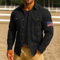 Men's American US Flag Work Shirt Western Shirt Cargo Shirt Long Sleeve Casual Tactical Sports Outdoor WorkWear Spring Fall Turndown Front Two Pockets Button Up Shirts Black Army Green Red Blue Orange