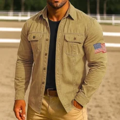 Men's American US Flag Work Shirt Western Shirt Cargo Shirt Long Sleeve Casual Tactical Sports Outdoor WorkWear Spring Fall Turndown Front Two Pockets Button Up Shirts Black Army Green Red Blue Orange
