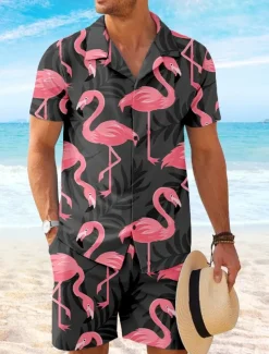 Men's Animal Coconut Palm 2pcs Shirts Sets Shirt Short Sleeve Short Pants Cuban Collar Vacation Casual Daily Party Casual Daily 3D Print Summer Robin's Egg Blue Black White