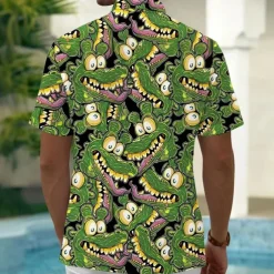 Men's Animal Crocodile Funny Shirt Summer Hawaiian Shirt Button Up Shirt Short Sleeve Hawaiian Vacation Holiday Beach Wear Summer Spring Turndown 3D Print Collared Shirts Front One Pocket Green