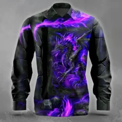 Men's Animal Dragon Ripped Shirt Button Up Shirt Long Sleeve Dark Punk Gothic Style Holiday Streetwear Summer Spring Turndown 3D Print Collared Shirts Yellow Purple Orange Green