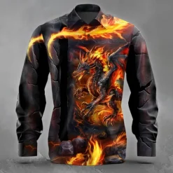 Men's Animal Dragon Ripped Shirt Button Up Shirt Long Sleeve Dark Punk Gothic Style Holiday Streetwear Summer Spring Turndown 3D Print Collared Shirts Yellow Purple Orange Green