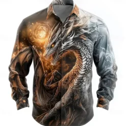Men's Animal Dragon Shirt Button Up Shirt Long Sleeve Fashion Casual Vacation Daily Streetwear Summer Spring Turndown 3D Print Collared Shirts White Brown