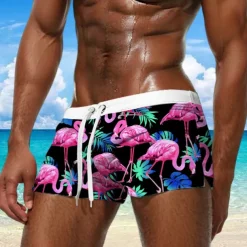 Men's Animal Flamingo Bird Swim Trunks Swim Shorts Board Shorts Mid Waist Fashion Designer Holiday Beach Swimming Pool Pocket Drawstring Elastic Waist Designer Clothing Apparel