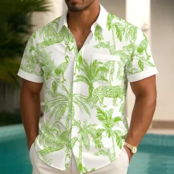 Men's Animal Flamingo Coconut Tree Summer Hawaiian Shirt Button Up Shirt Aloha Shirt Short Sleeve Hawaiian Holiday Beach Wear Summer Spring Turndown 3D Print Collared Shirts Front One Pocket Blue