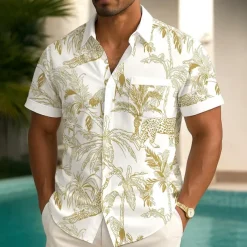 Men's Animal Flamingo Coconut Tree Summer Hawaiian Shirt Button Up Shirt Aloha Shirt Short Sleeve Hawaiian Holiday Beach Wear Summer Spring Turndown 3D Print Collared Shirts Front One Pocket Blue