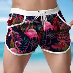 Men's Animal Flamingo Tropical Swim Shorts Board Shorts Swimming Trunks Mid Waist Fashion Designer Surfing Holiday Beach Pocket Drawstring Elastic Waist Designer Clothing Apparel
