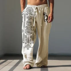 Men's Animal Grid / Plaid Geometric Pattern Linen Pants Baggy Pants Mid Waist Vintage Ethnic Style Casual Outdoor Streetwear Elastic Waist Spring & Fall Fall & Winter Blue Green Khaki