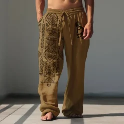 Men's Animal Grid / Plaid Geometric Pattern Linen Pants Baggy Pants Mid Waist Vintage Ethnic Style Casual Outdoor Streetwear Elastic Waist Spring & Fall Fall & Winter Blue Green Khaki